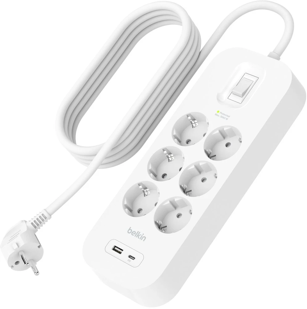 „Belkin“ ilgintuvas 650J, viršįtampių apsauga, 6 „Schuko“ lizdai, USB-A, USB-C PD, 2 m