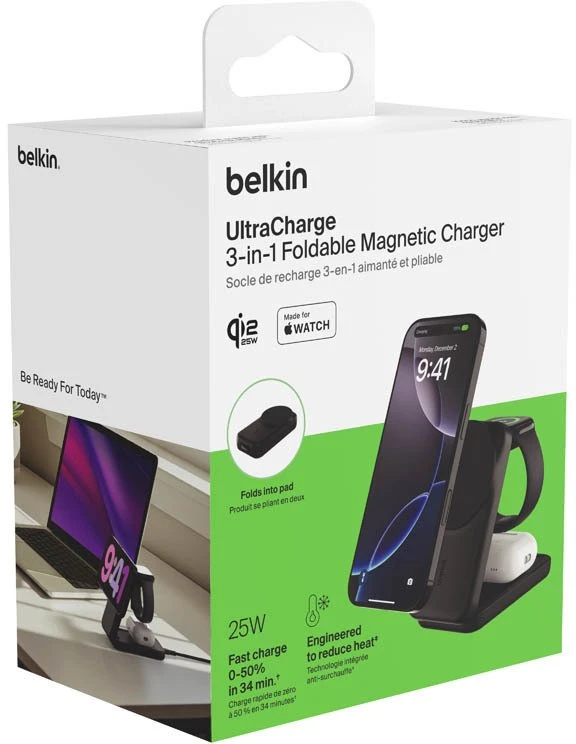 „Belkin UltraCharge 25W Qi2“ magnetinis 3 viename sulankstomas įkroviklis, juodas WIZ036kqBK