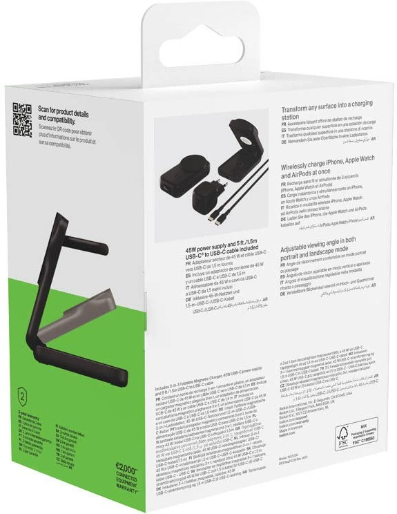 „Belkin UltraCharge 25W Qi2“ magnetinis 3 viename sulankstomas įkroviklis, juodas WIZ036kqBK