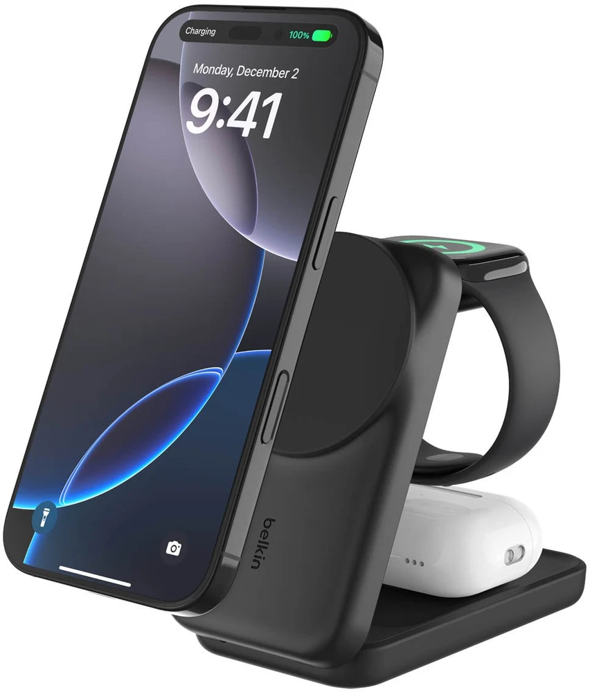 „Belkin UltraCharge 25W Qi2“ magnetinis 3 viename sulankstomas įkroviklis, juodas WIZ036kqBK