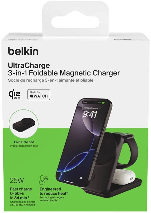 „Belkin UltraCharge 25W Qi2“ magnetinis 3 viename sulankstomas įkroviklis, juodas WIZ036kqBK