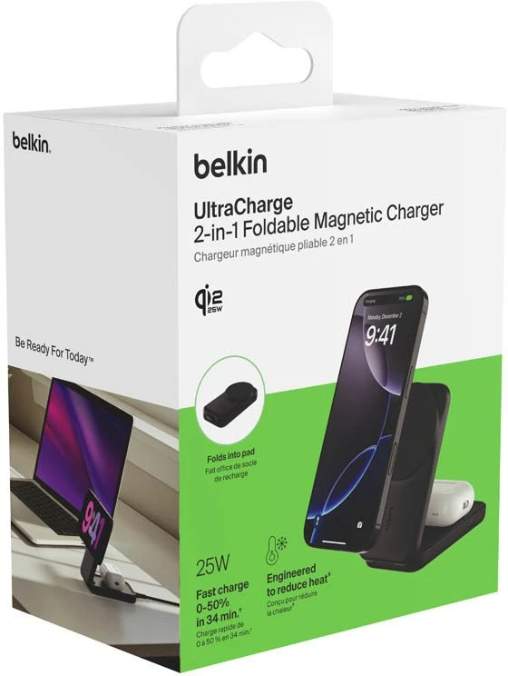 Belkin „UltraCharge“ 25 W Qi2 magnetinis 2 viename sulankstomas įkroviklis, juodas WIZ038kqBK