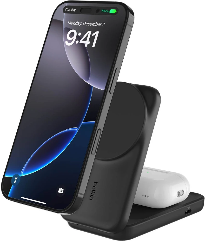 Belkin „UltraCharge“ 25 W Qi2 magnetinis 2 viename sulankstomas įkroviklis, juodas WIZ038kqBK