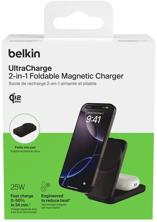 Belkin „UltraCharge“ 25 W Qi2 magnetinis 2 viename sulankstomas įkroviklis, juodas WIZ038kqBK