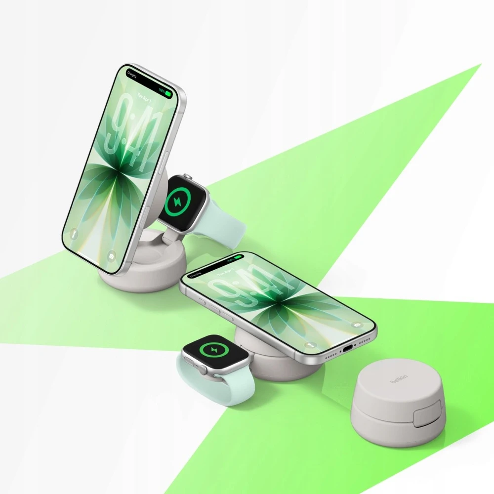 Belkin UltraCharge Pro magnetinis 2-in-1 Qi2 25W, smėlio spalvos