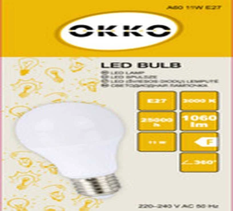 LED lemputė OKKO, A60, E27, 11 W, 1055 lm, 3000 K