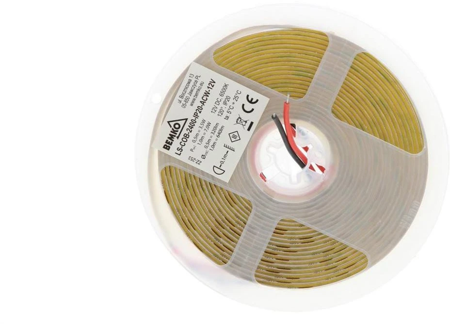 Bemko 12W/m LED COB juosta PREMIUM, 12V, 6500K, 5m ritė
