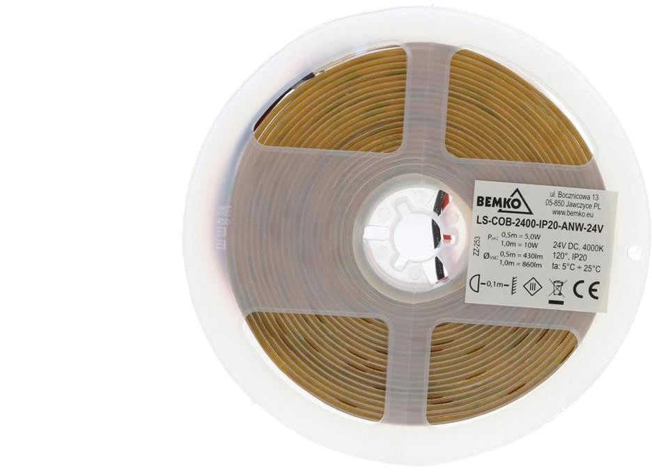 Bemko 14W/m COB LED juosta PREMIUM, 24V, 480LED/m, 4000K, IP20, 5m ritė