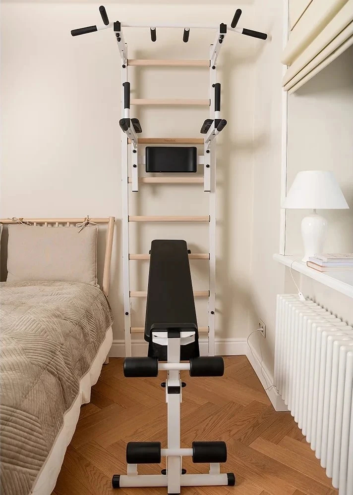 BenchK Gimnastikos kopėčios + metalinis skersinis + lygiagretės + suoliukas balta