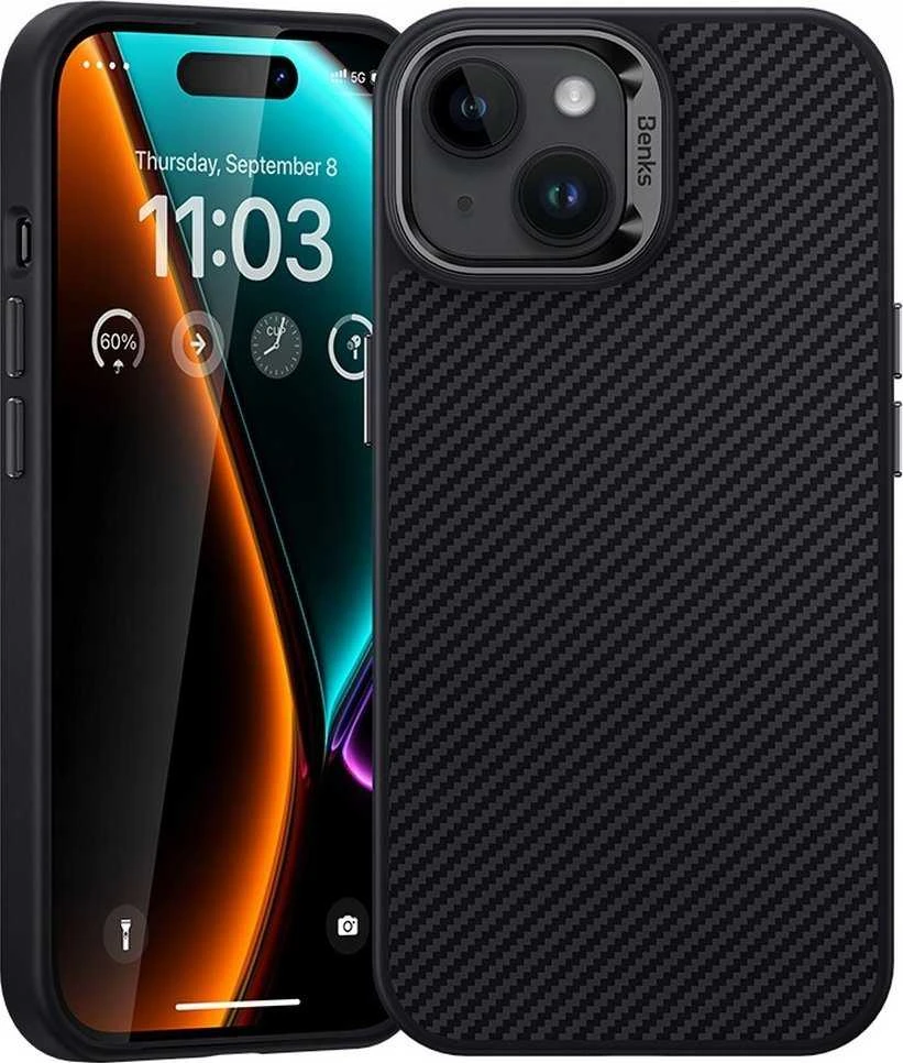 Benks Magnetic Hybrid Armor Pro Kevlar dėklas Metal Frame 600D Apple iPhone 15 Plus juodos spalvos