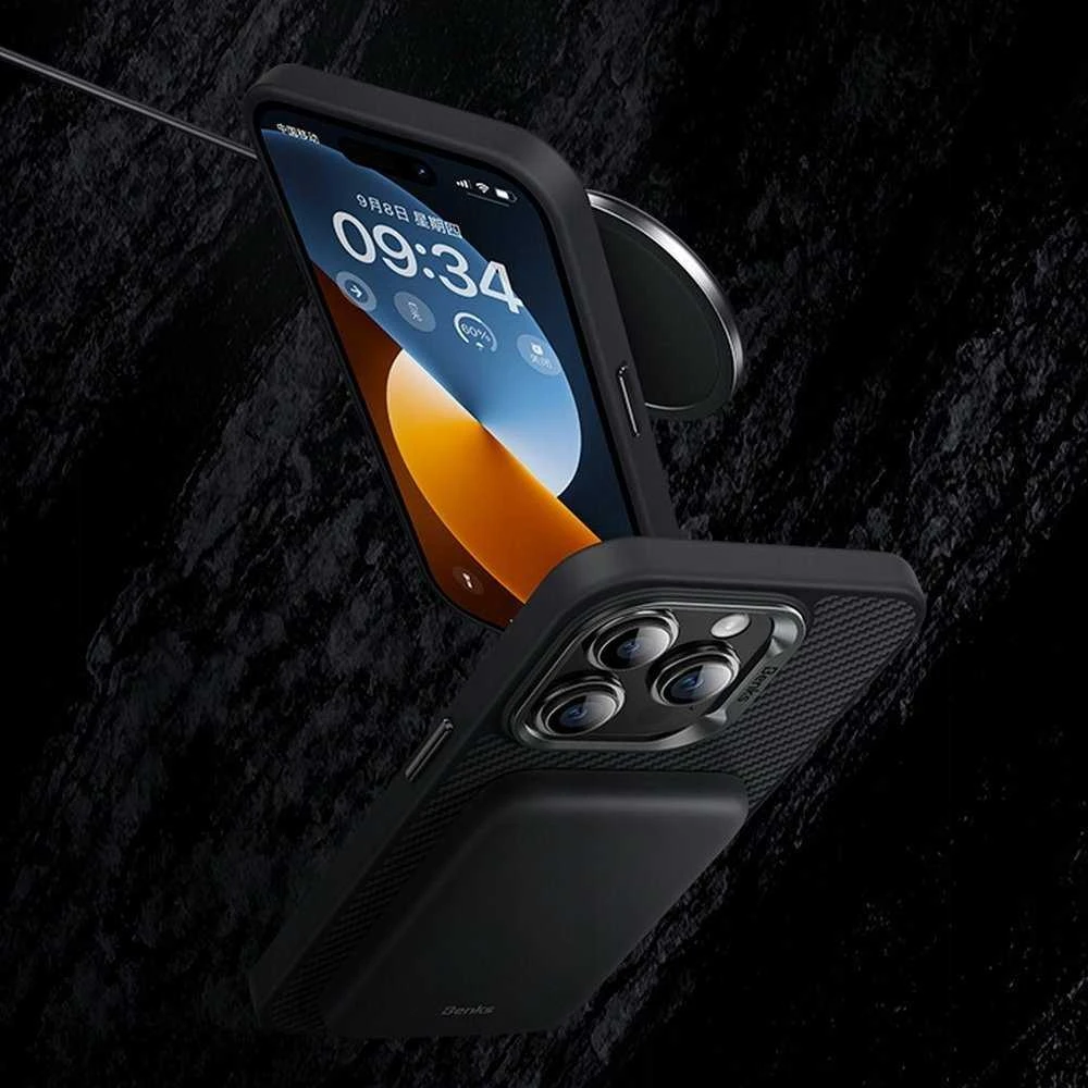 Benks Magnetic Hybrid Armor Pro Kevlar dėklas Metal Frame 600D Apple iPhone 15 Plus juodos spalvos