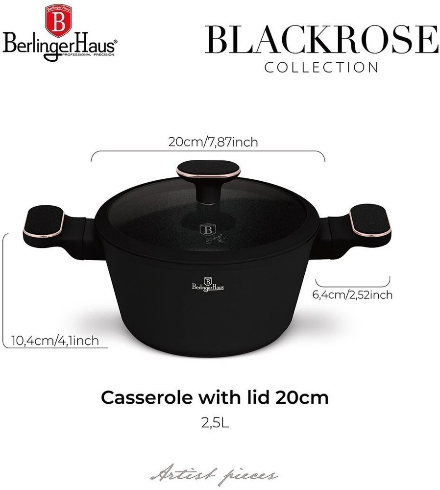 Berlinger Haus Puodas titano su pokrywą 20cm Juodas Rose (BH-8357)