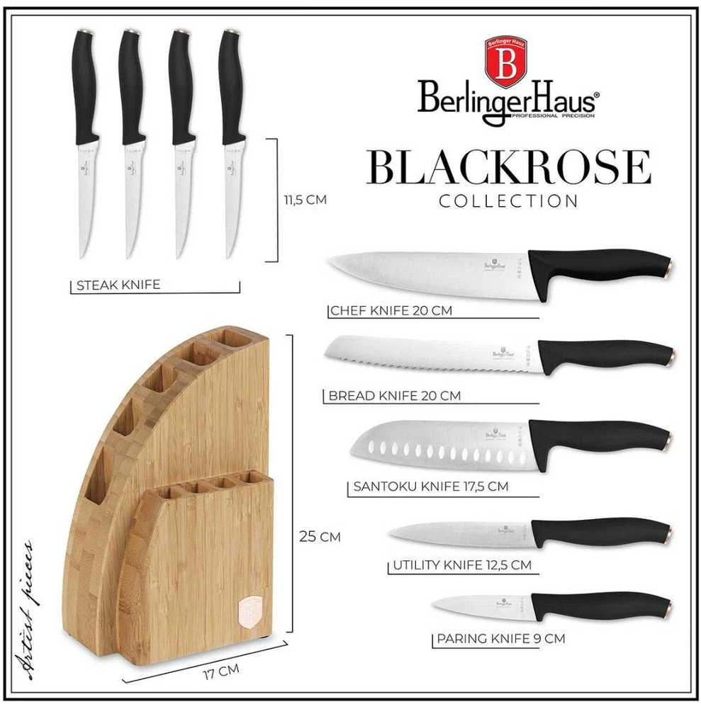 Rinkinys NOŻY W BLOKU BAMBUSOWYM 10-ELE BERLINGER HAUS Juodas ROSE BH-2760