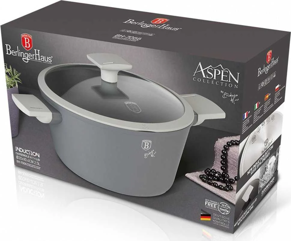 Titano puodas su dangteliu, pilkas 24cm 4.1L indukcinis BERLINGER HAUS Aspen