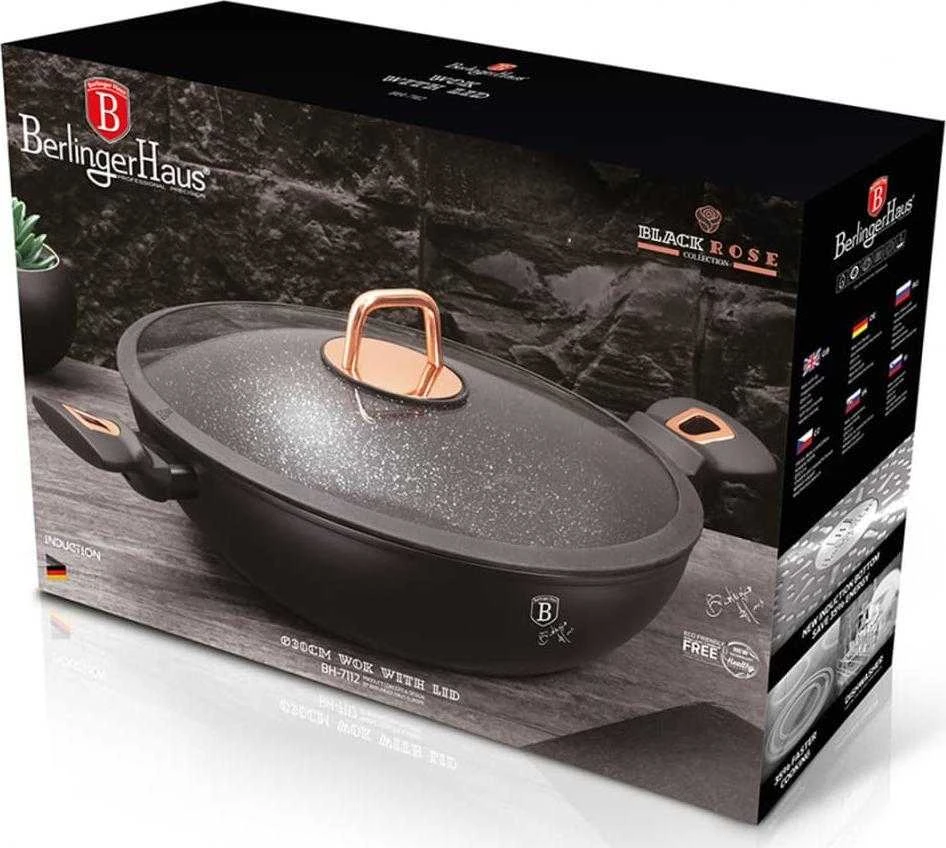 BH-7112 - Granito wok puodas 30 cm Berlinger Haus Juodas Rose kolekcija