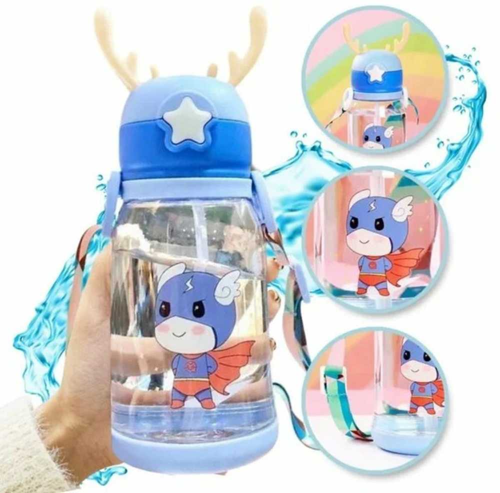 Gertuvė Bez Marki Oem Vanduo bottle with straw and leash for kids 500 - 600 ml mėlynas