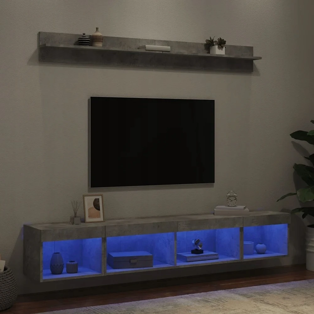 TV staliukas Sieninė TV sekcija su LED, 5 dalių, betono, apdirbta mediena