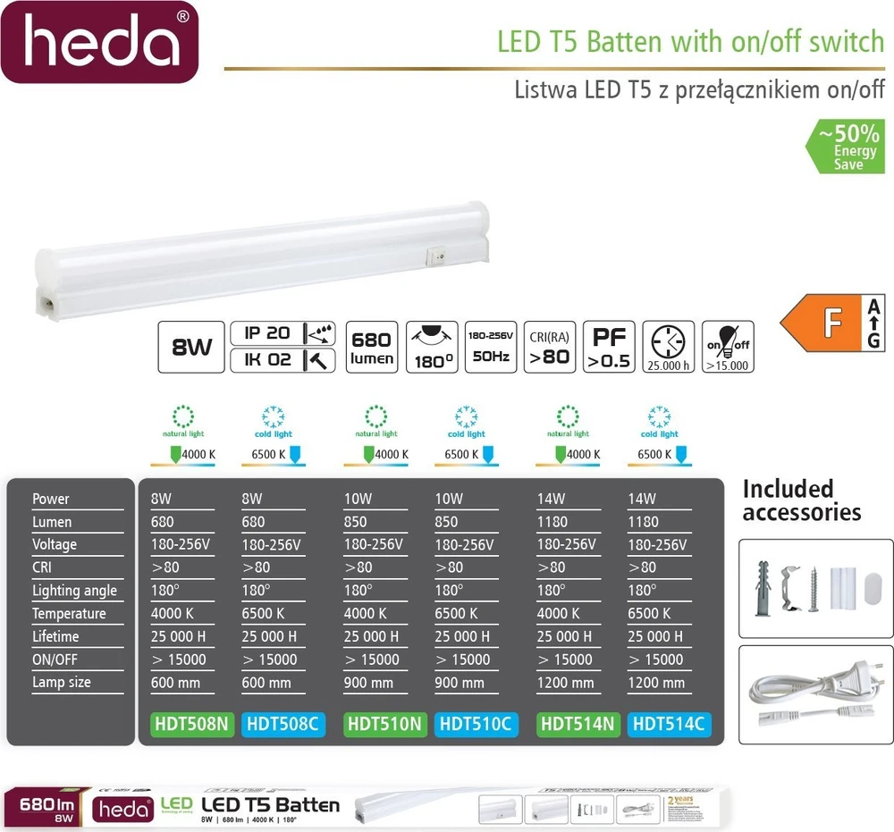 BestService LED juostelė Heda LED juostelė 8W T5 60CM 680LM 4000K HDT508N Lumax