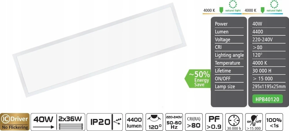 BestService Lumax Heda HPB40120 40W 4400LM 840 120° 20 30x120CM balto skydo šviestuvas
