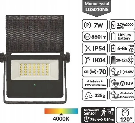 BestService prožektorius Lumax solar reg prožektorius 7W 860lm 3.7Cx2000mAh 740 IP54 jutiklis 5.5V LGS010NS