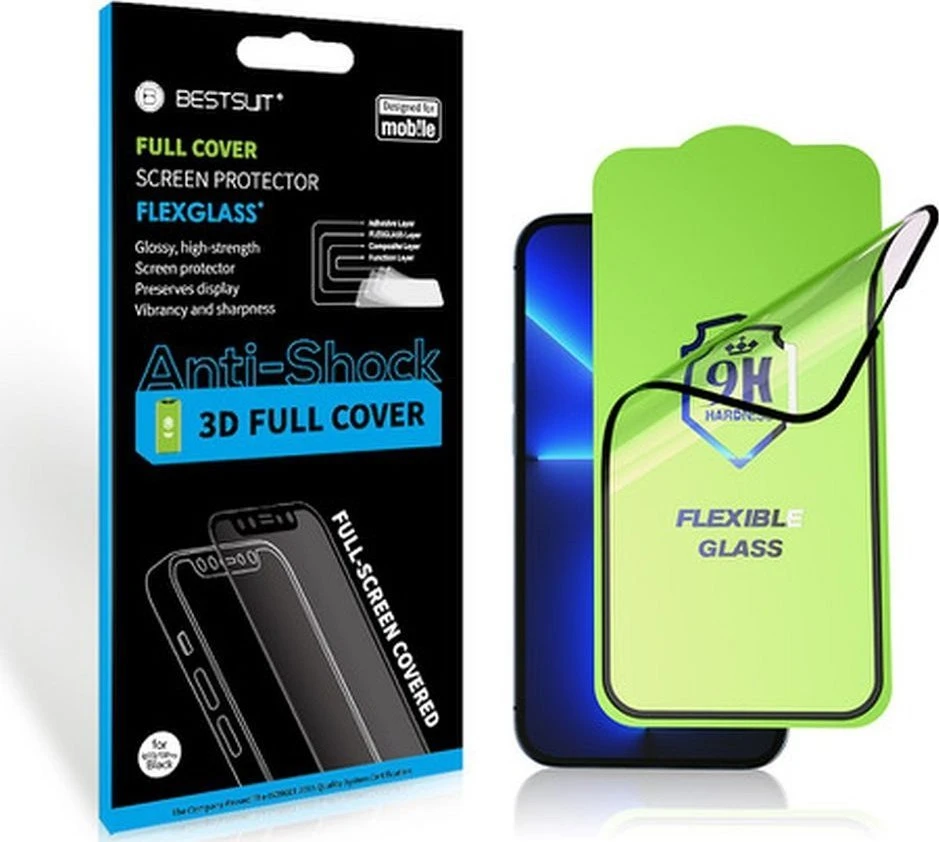 LCD apsauginis stikliukas Bestsuit Flexible Hybrid Glass 5D Samsung A057 A05s 5G pritaikytas dėklui juodas