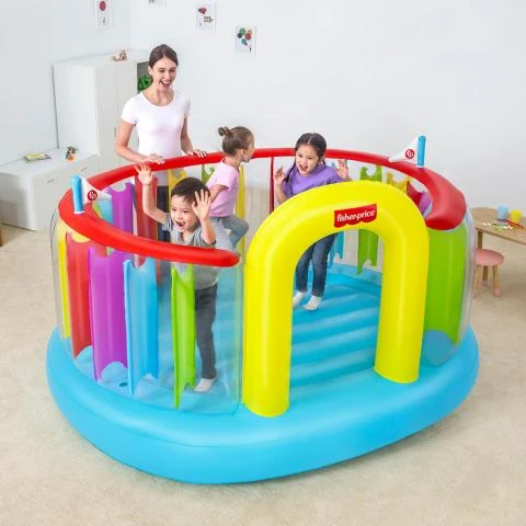 Bestway Fisher-Price Bouncetopia pritūpimo lėkštė su įmontuotu siurbliu, 85 kg, 3 metai, Įmontuotas oro siurblys, Įvairių spalvų, 10,1kg