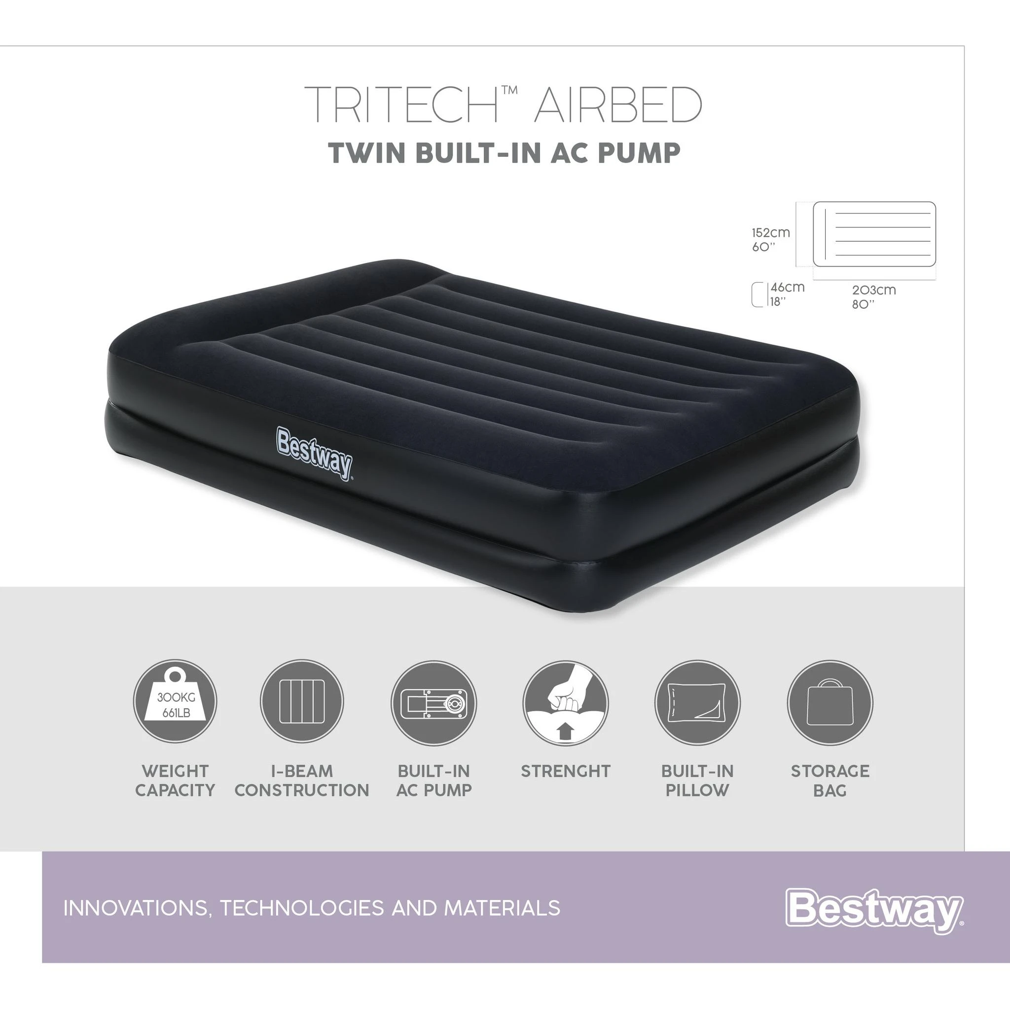 Bestway® Tritech Airbed Queen pripučiamas čiužinys su integruotu AC siurbliu 203x152x46 cm