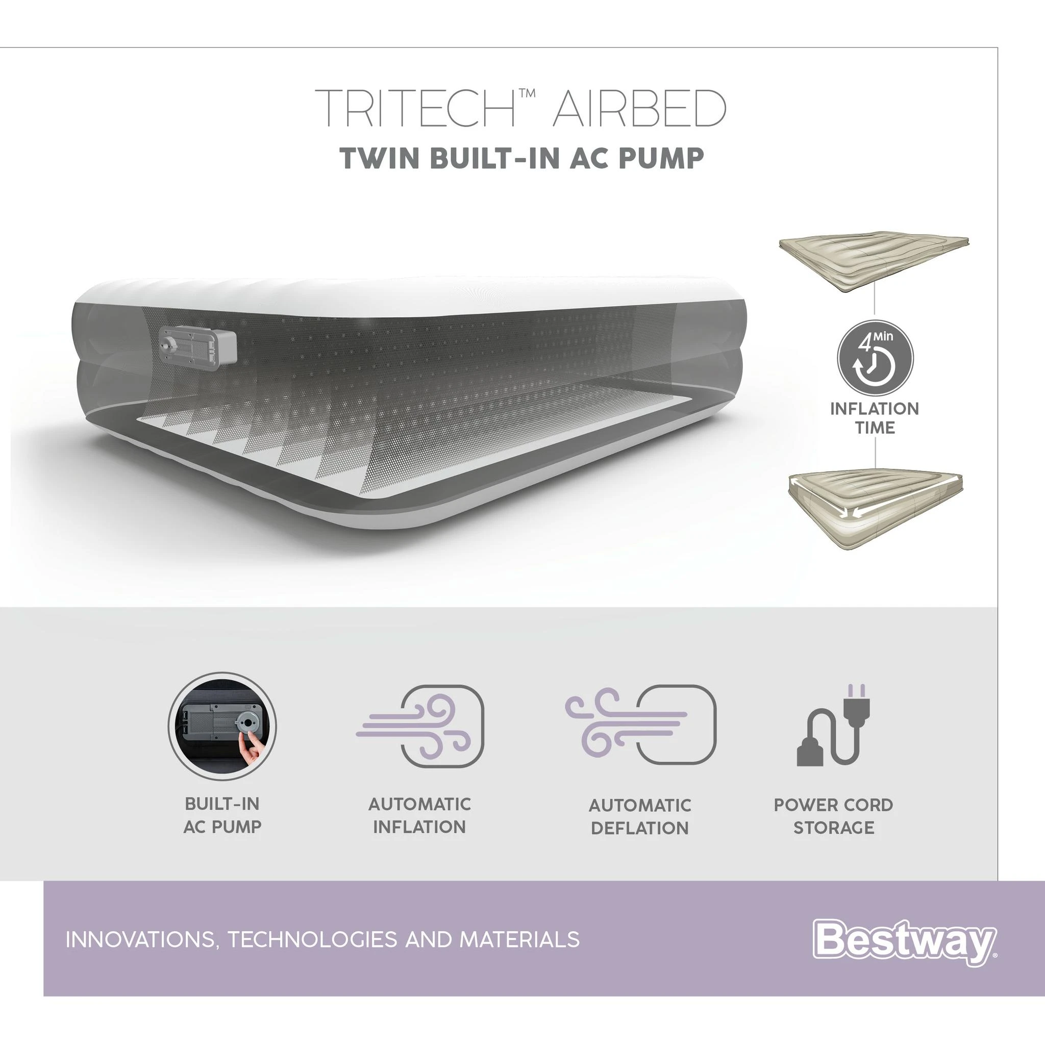 Bestway® Tritech Airbed Queen pripučiamas čiužinys su integruotu AC siurbliu 203x152x46 cm