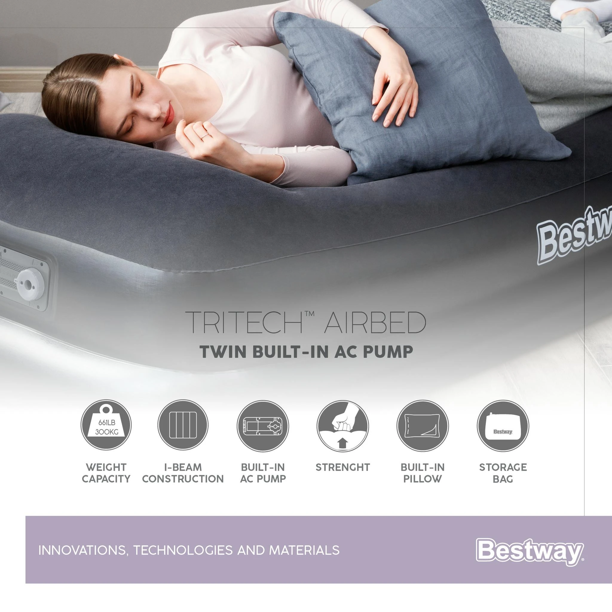 Bestway® Tritech Airbed Queen pripučiamas čiužinys su integruotu AC siurbliu 203x152x46 cm