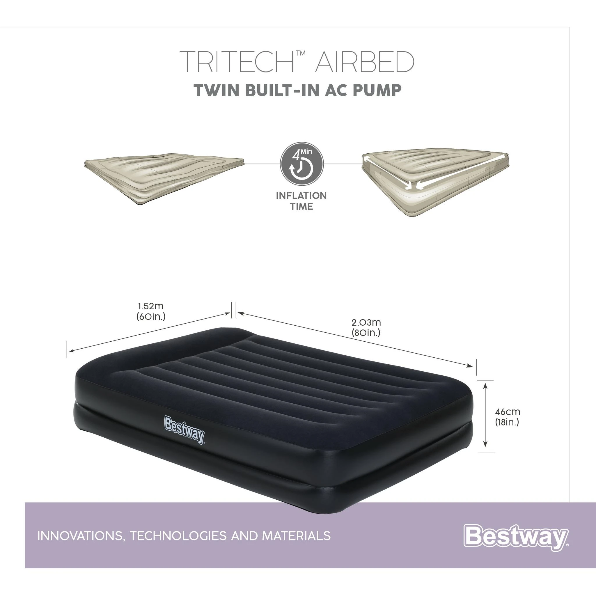 Bestway® Tritech Airbed Queen pripučiamas čiužinys su integruotu AC siurbliu 203x152x46 cm