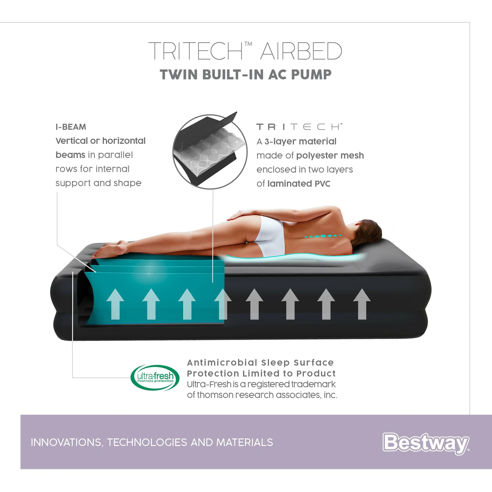 Bestway® Tritech Airbed Queen pripučiamas čiužinys su integruotu AC siurbliu 203x152x46 cm