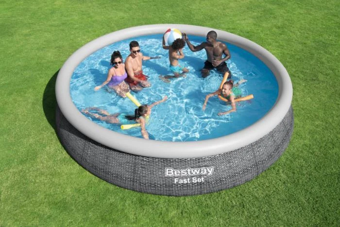 Bestway® Fast Set™ antžeminio baseino komplektas su filtravimo siurbliu Ø 457 x 84 cm, rotango išvaizdos (skalūno pilka), apvalus
