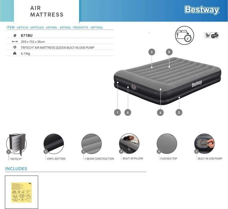 Bestway Savaime prisipučiantis turistinis čiužinys 2 asmenims 300 kg TRITECH 203x152cm 671BU