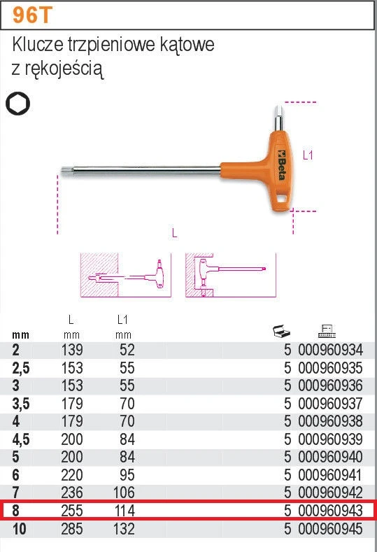 „Beta Tools“ šešiabriaunis šešiabriaunis raktas T 8 mm (000960943)