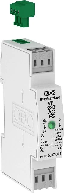 OBO Bettermann 5097858 Viršįtampių ribotuvas dviejų laidų sistemoms 255VAC 2,5kA 1,4kV VF230 AC-FS 5097858