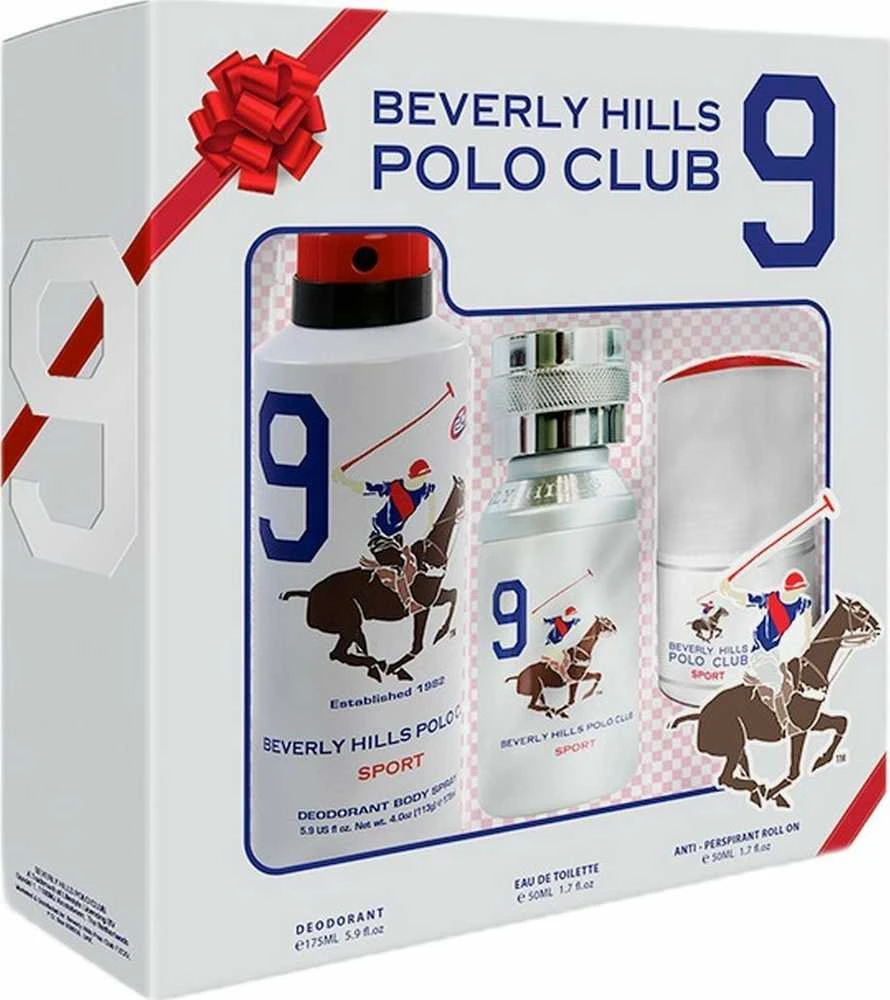 Set Beverly Hills Polo Club: 1982 - Sport 9 Eau De Toilette For Men, 50 ml + 1982 - Sport 9 Anti-Perspirant Dezodorantas Purškiklis For Men, 175 ml + 1982 - Sport 9 Anti-Perspirant Dezodorantas Roll-On For Men, 50 ml