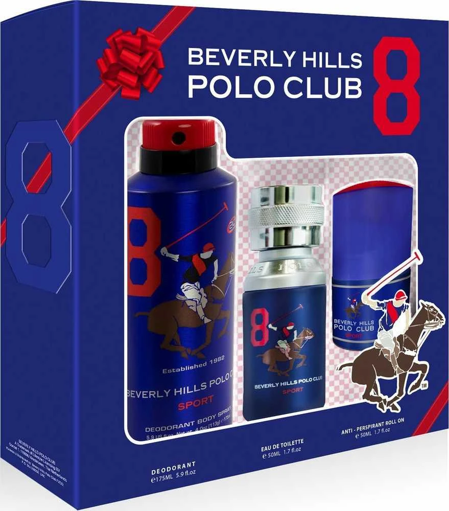 Set Beverly Hills Polo Club: 1982 - Sport 8 Eau De Toilette For Men, 50 ml + 1982 - Sport 8 Anti-Perspirant Dezodorantas Purškiklis For Men, 175 ml + 1982 - Sport 8 Anti-Perspirant Dezodorantas Roll-On For Men, 50 ml