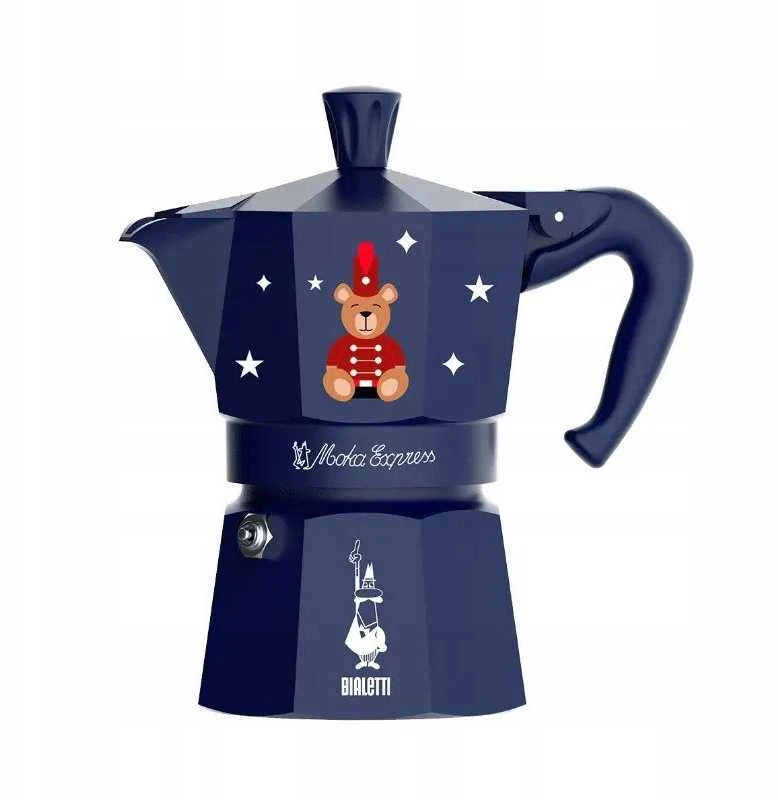 Mėlynas Bialetti Moka Express su šventiniu meškiuko dekoru