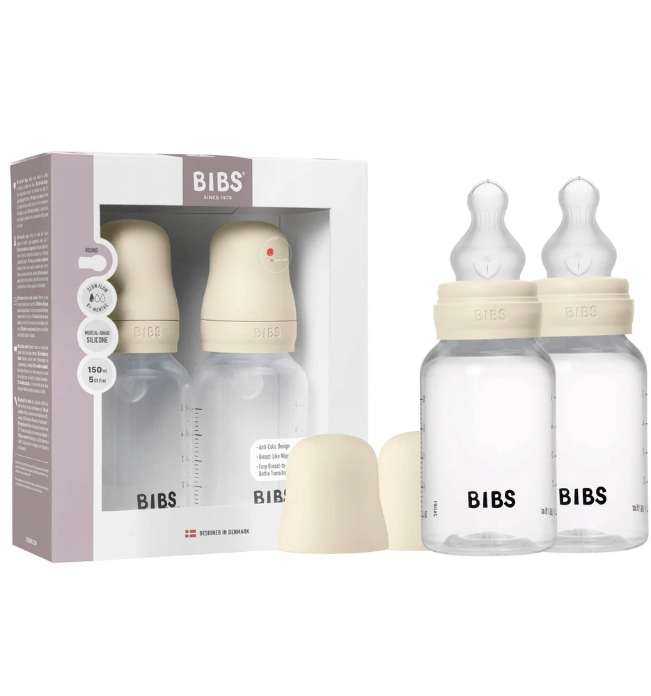 Bibs SEILINTUKAI - Kūdikių buteliukai apvalūs silikoniniai, 2 vnt. - Dramblio kaulo spalvos - 150 ml