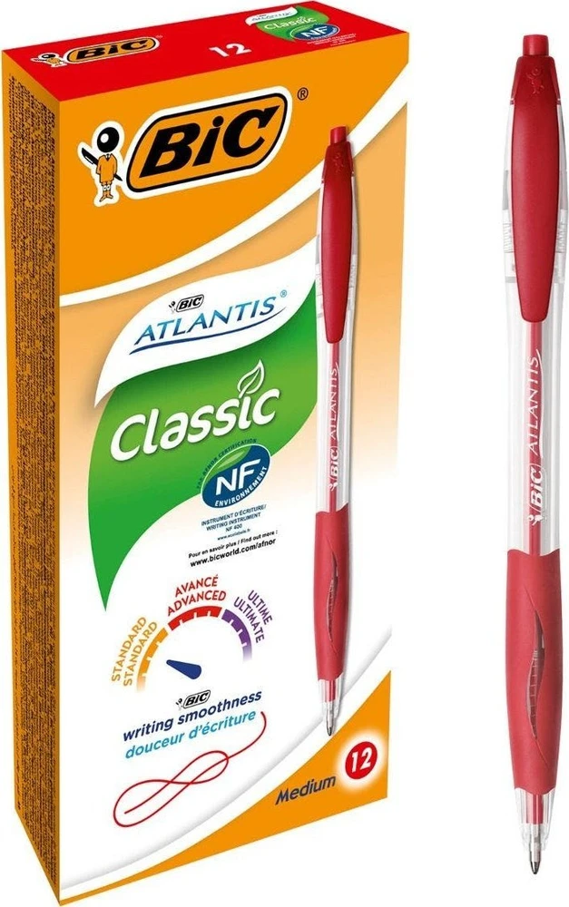 Bic BIC Atlantis Classic, Clip, Twist retractable ballpoint pen, Raudona, 12 pc(s), Medium