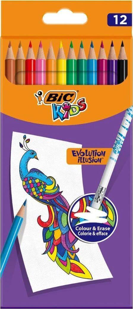 BIC Spalvoti pieštukai su trintuku Kids Evolution Illusion 12 spalvų rinkinys