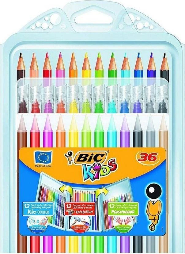 Bic Kid Couler flomasteriai, PlastiDecor kreidelės ir Evolution spalvoti pieštukai