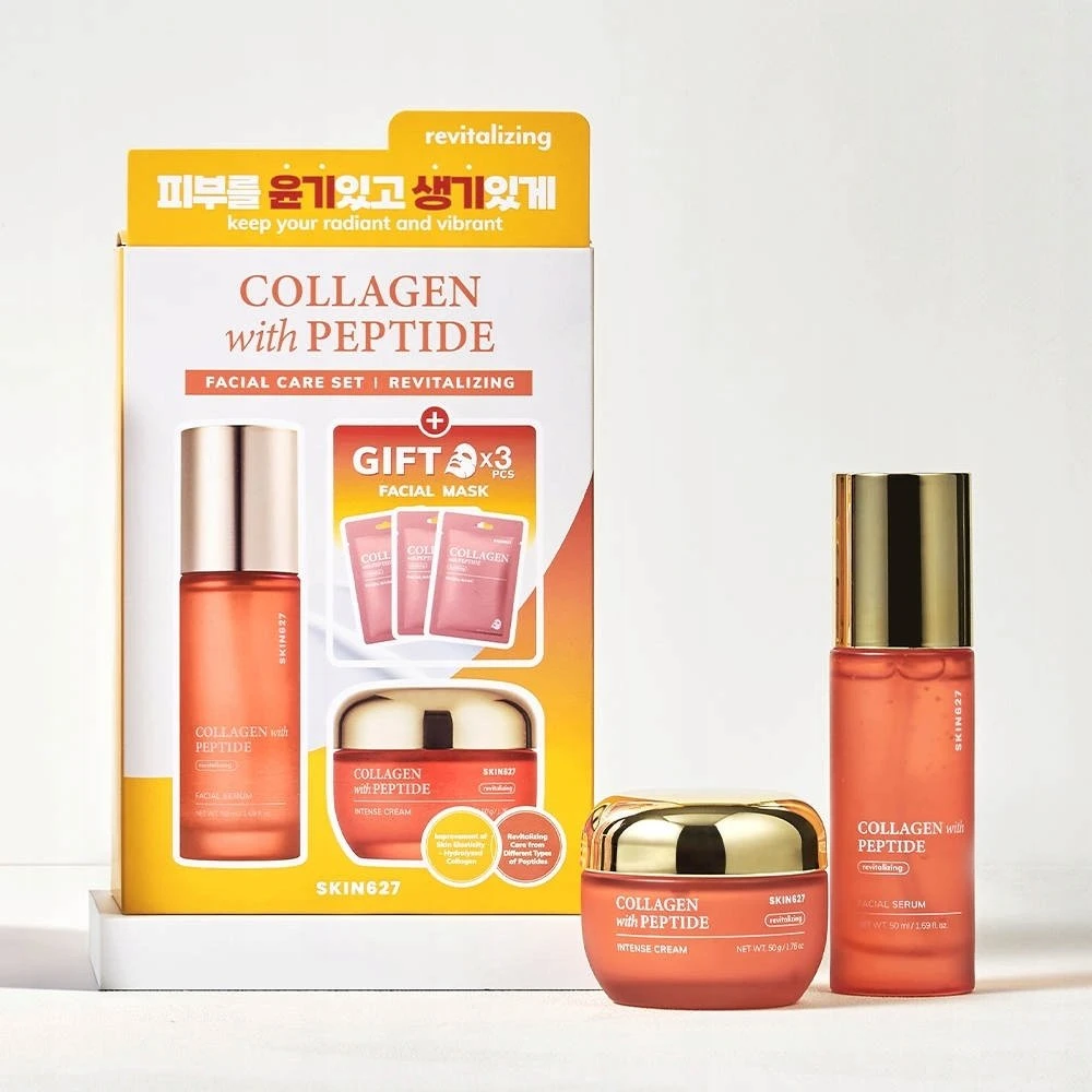 Bielenda Skin627 Kolageno ir peptidų rinkinys veido serumui 50 ml + veido kremui 50 g + lakštinėms kaukėms 3 x 22 ml