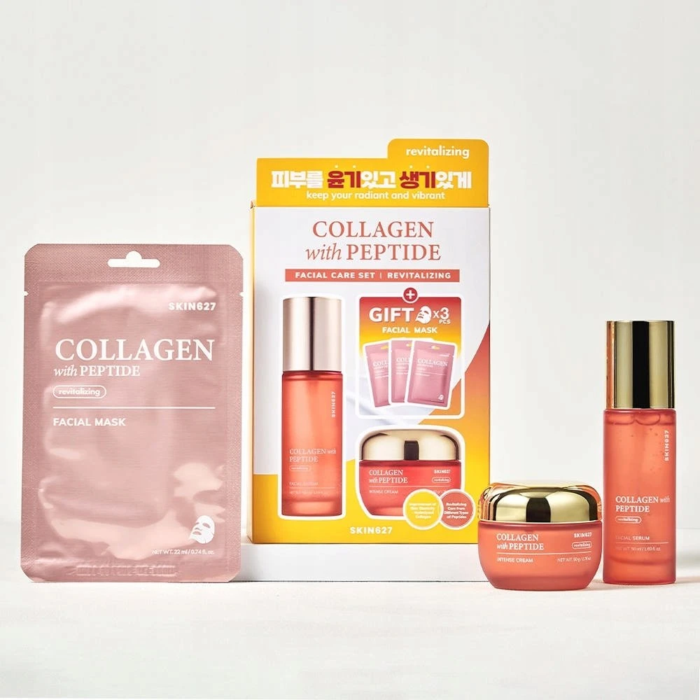 Bielenda Skin627 Kolageno ir peptidų rinkinys veido serumui 50 ml + veido kremui 50 g + lakštinėms kaukėms 3 x 22 ml