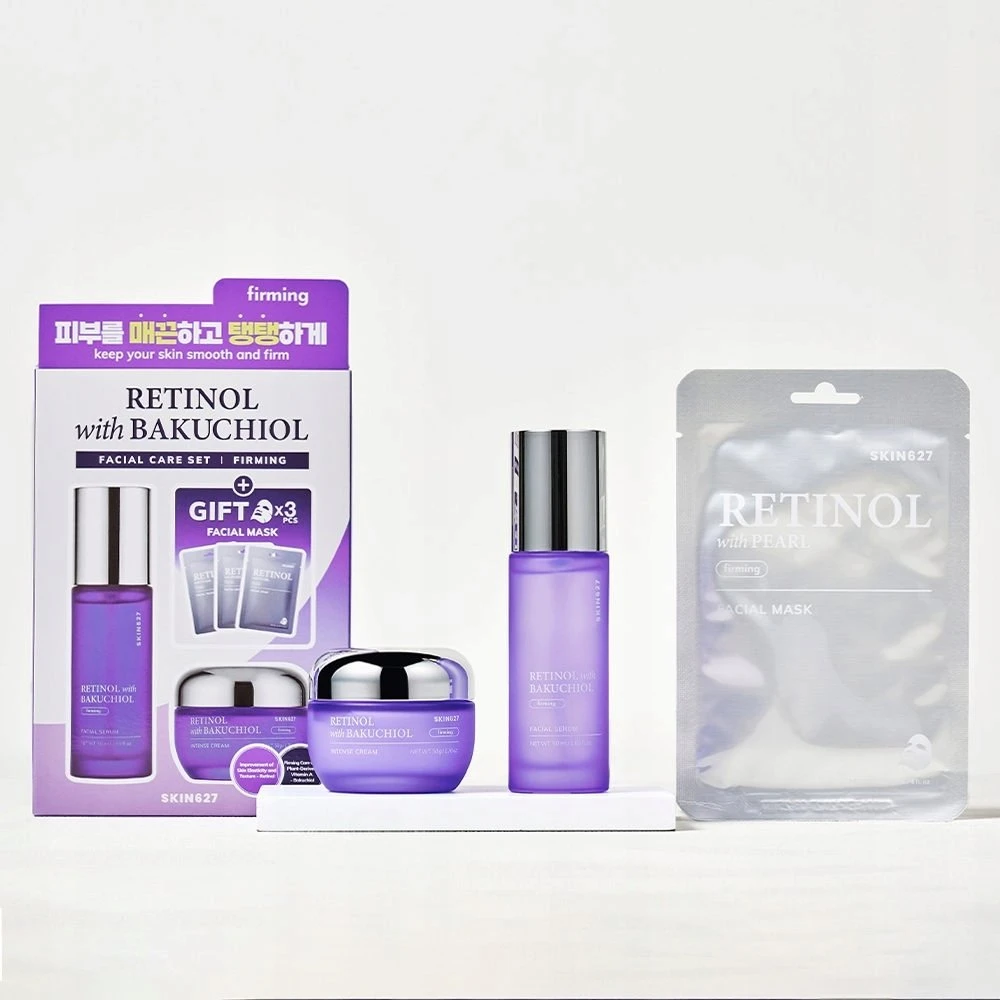 Bielenda Skin627 Rinkinys su retinoliu ir bakučioliu: veido serumas 50 ml + veido kremas 50 g + lakštinės kaukės 3 x 22 ml