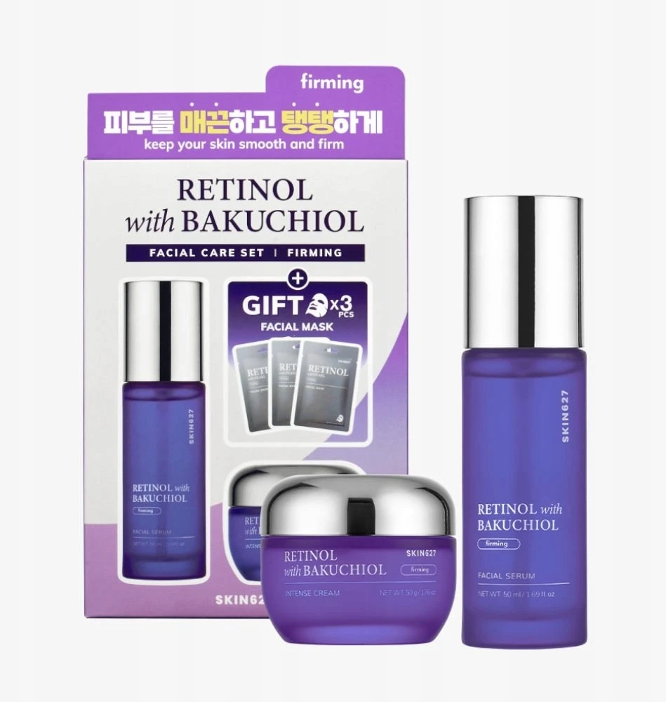 Bielenda Skin627 Rinkinys su retinoliu ir bakučioliu: veido serumas 50 ml + veido kremas 50 g + lakštinės kaukės 3 x 22 ml
