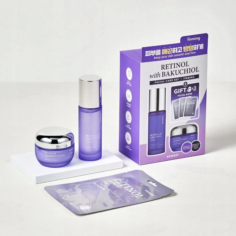 Bielenda Skin627 Rinkinys su retinoliu ir bakučioliu: veido serumas 50 ml + veido kremas 50 g + lakštinės kaukės 3 x 22 ml