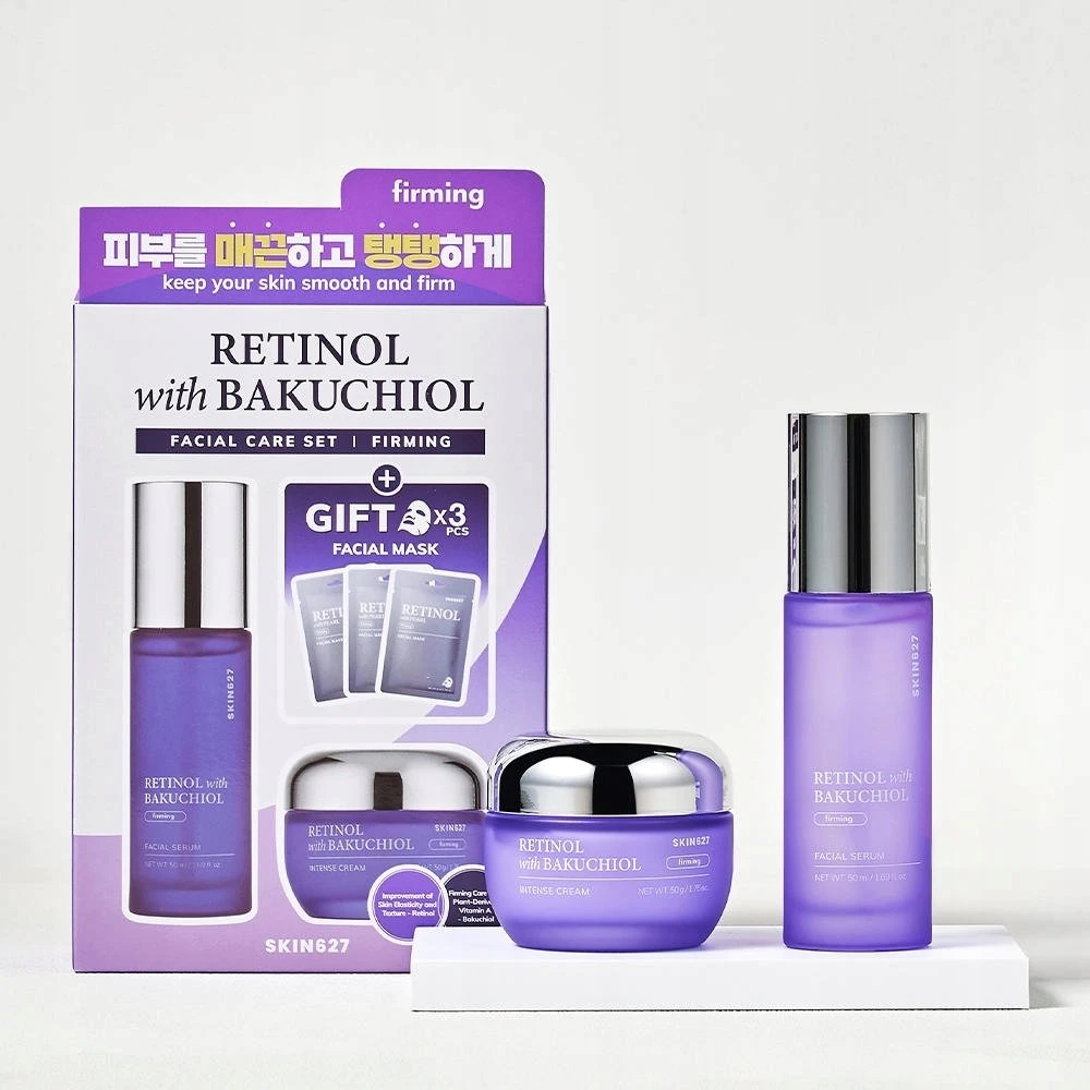 Bielenda Skin627 Rinkinys su retinoliu ir bakučioliu: veido serumas 50 ml + veido kremas 50 g + lakštinės kaukės 3 x 22 ml