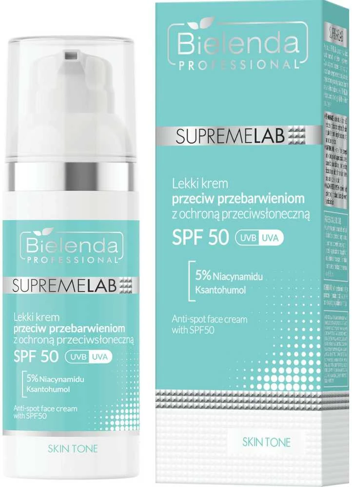Bielenda Professional „SupremeLab Skin Tone Advanced“ odos spalvos pakitimus mažinantis kremas su SPF50, 50 ml