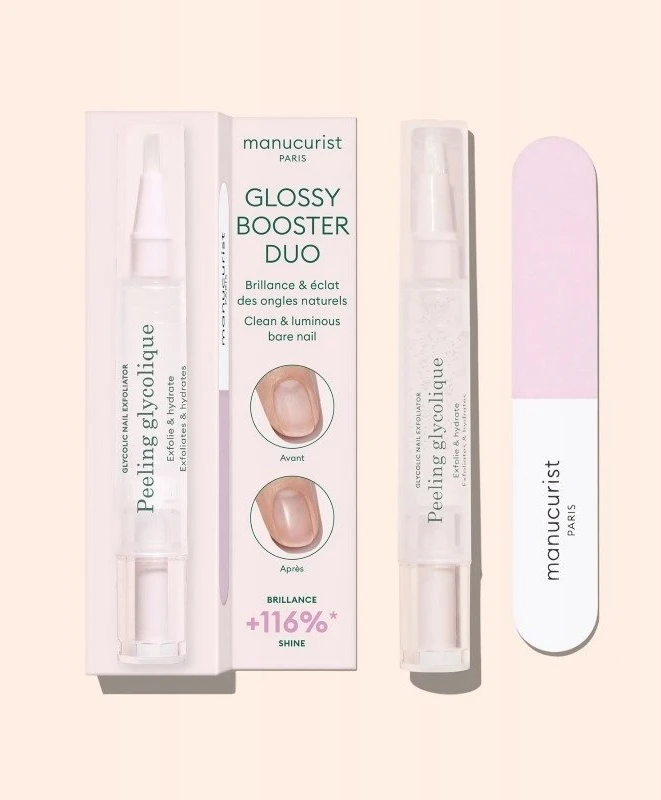 Bingospa Manucurist „Glossy Booster Duo“ rinkinys: glikolio rūgšties pilingas + dvifazis poliravimo skystis